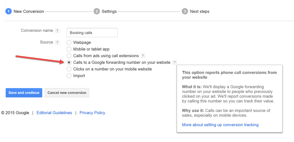 Configuring Website Call Conversions Step 1